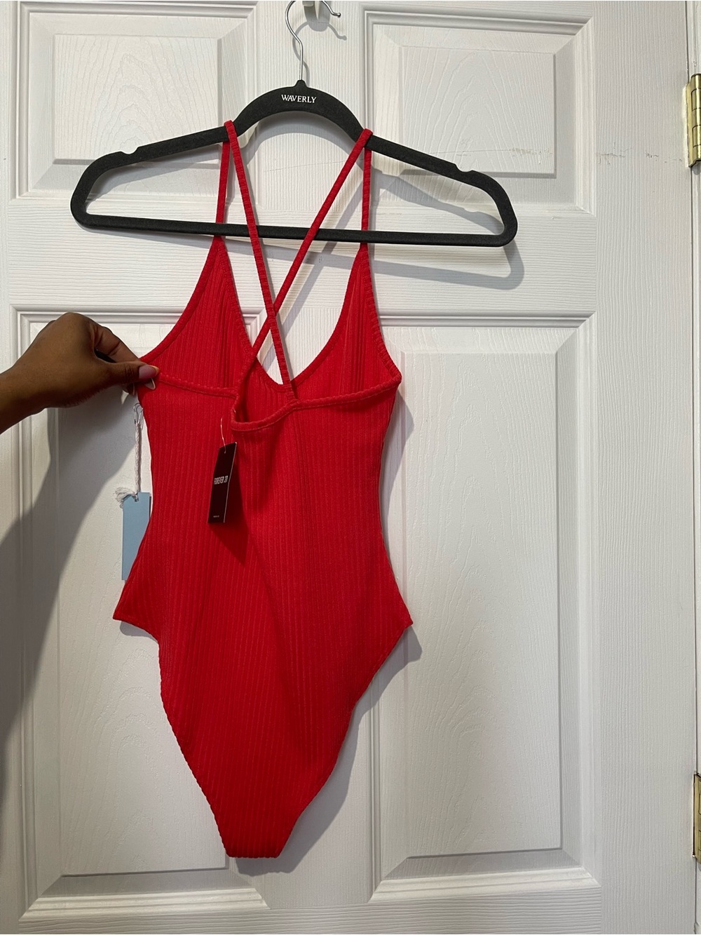 Forever 21 Red Ribbed Crisscross Back Bodysuit